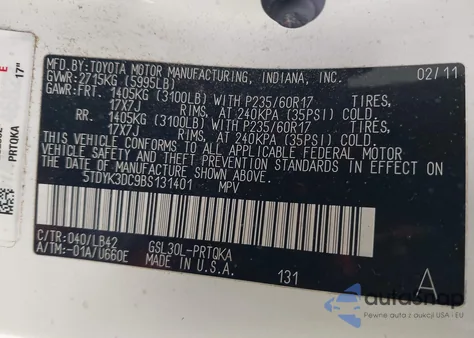 2011 Toyota Sienna Xle V6 z USA, uszkodzony, nr VIN 5TDYK3DC9BS131401